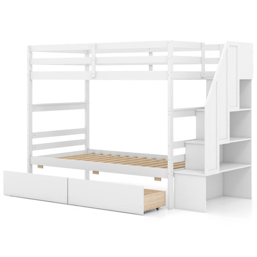 Twin Over Twin Bunk Bed with Storage Stairs and Drawers-White