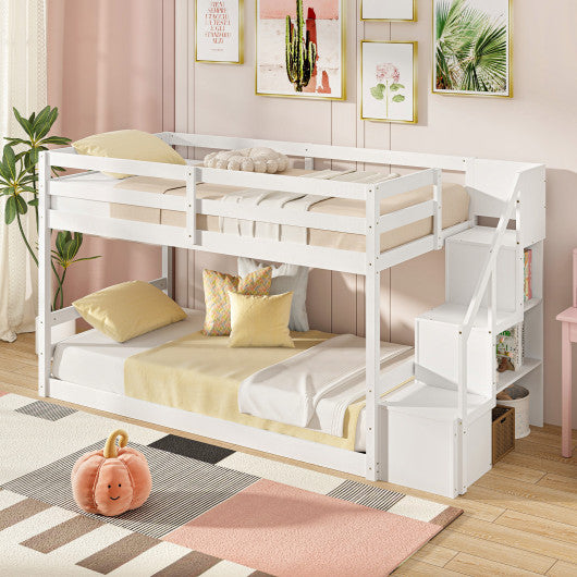 Twin Over Twin Low Bunk Bed with Storage Stairs Solid Wood Floor Bunk Bed Frame-White