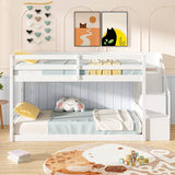 Twin Over Twin Low Bunk Bed with Storage Stairs Solid Wood Floor Bunk Bed Frame-White