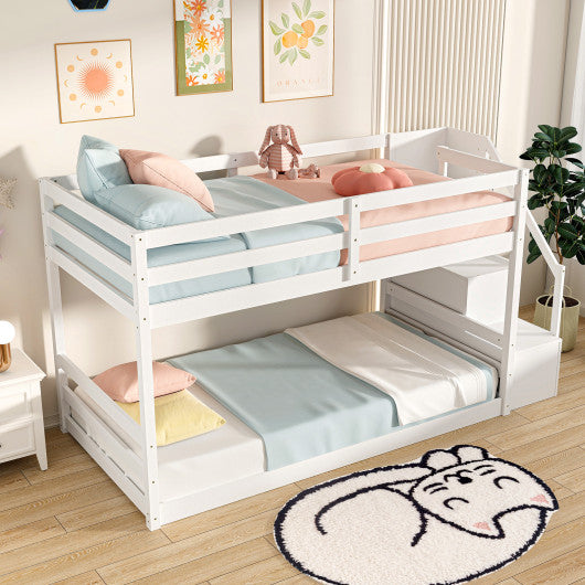 Twin Over Twin Low Bunk Bed with Storage Stairs Solid Wood Floor Bunk Bed Frame-White