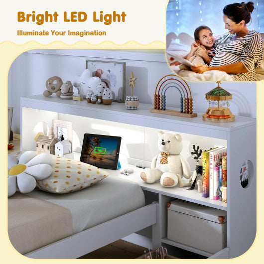 Twin Size Bed Frame with LED Light and Bookcase Headboard-White