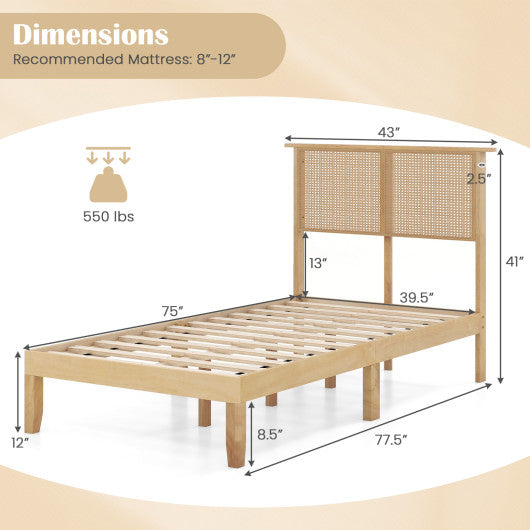 Twin/Full/Queen Size Bed Frame with Rattan Headboard-Twin Size