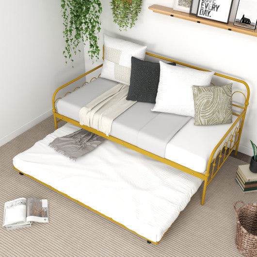 Twin Size Golden Metal Daybed with Trundle and Lockable Wheels-Twin Size