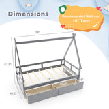 Twin Size House Bed with Roof and Safety Guardrail-Gray