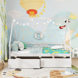 Twin Size House Bed with Roof and Safety Guardrail-White