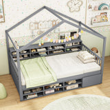 Twin Size House Bed with Roof with 14 Storage Cubes and Enclosed Cabinet-Gray