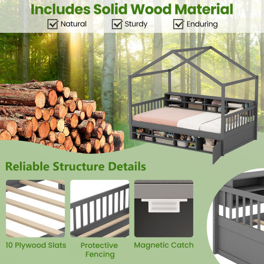 Twin Size House Bed with Roof with 14 Storage Cubes and Enclosed Cabinet-Gray