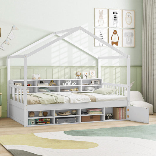 Twin Size House Bed with Roof with 14 Storage Cubes and Enclosed Cabinet-White