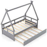 Twin Size House Bed with Trundle and Safety Guardrail-Gray