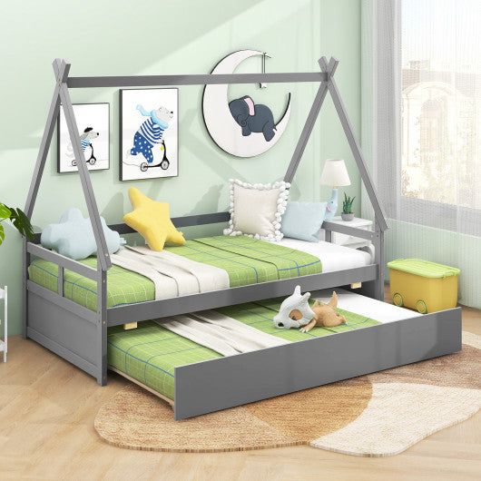 Twin Size House Bed with Trundle and Safety Guardrail-Gray