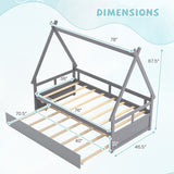 Twin Size House Bed with Trundle and Safety Guardrail-Gray