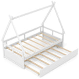 Twin Size House Bed with Trundle and Safety Guardrail-White