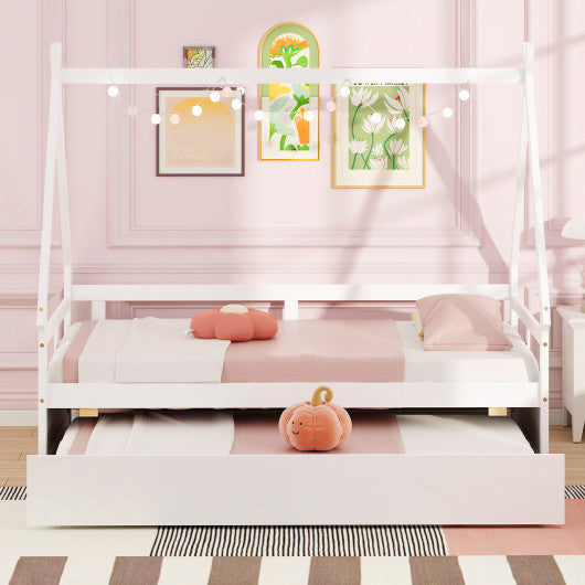 Twin Size House Bed with Trundle and Safety Guardrail-White