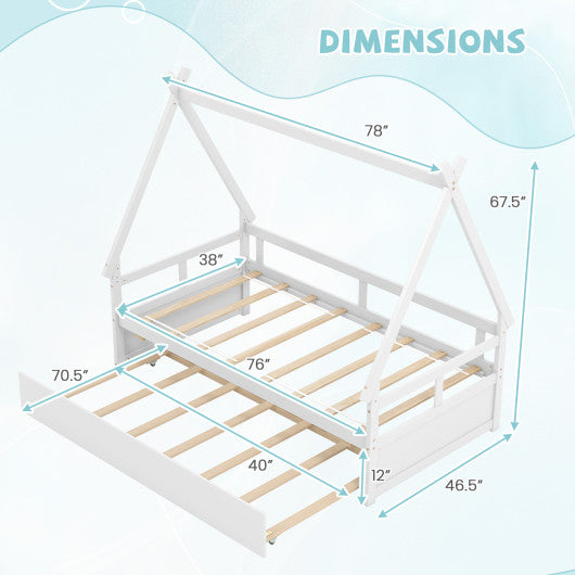 Twin Size House Bed with Trundle and Safety Guardrail-White