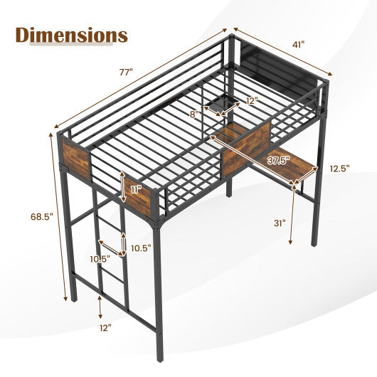 Twin Size Industrial Metal Loft Bed with Desk Storage Shelf and Build-in Ladder-Twin Size