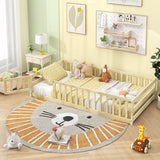 Twin Size Kids Wood Montessori Floor Bed with Door and Fence-Natural