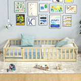 Twin Size Kids Wood Montessori Floor Bed with Door and Fence-Natural