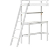 Twin Size Loft Bed with Desk and Bookshelves for Kids and Teens-White