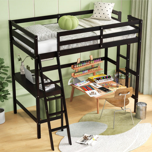 Twin Size Loft Bed Frame with Desk Angled and Built-in Ladder-Espresso