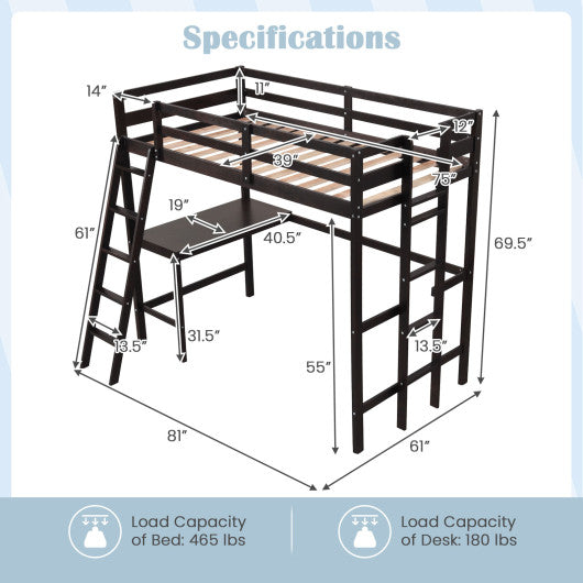 Twin Size Loft Bed Frame with Desk Angled and Built-in Ladder-Espresso