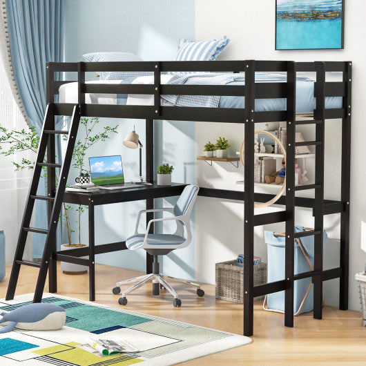 Twin Size Loft Bed Frame with Desk Angled and Built-in Ladder-Espresso