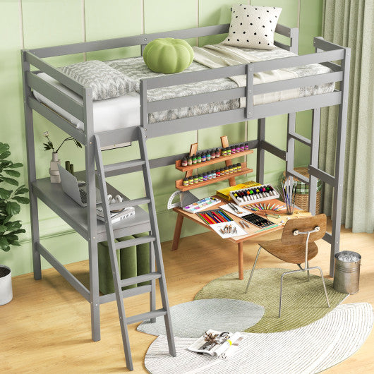 Twin Size Loft Bed Frame with Desk Angled and Built-in Ladder-Gray