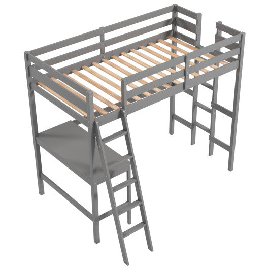 Twin Size Loft Bed Frame with Desk Angled and Built-in Ladder-Gray
