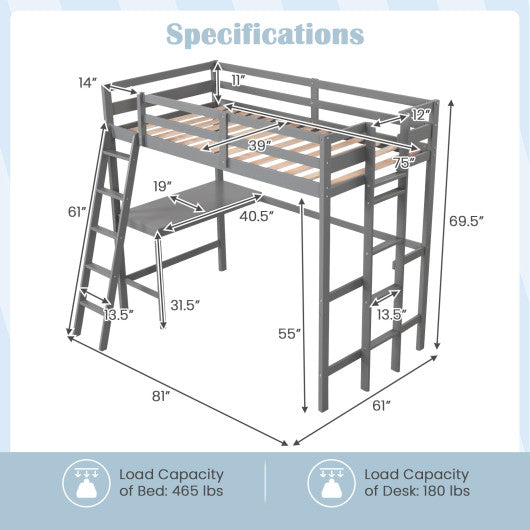 Twin Size Loft Bed Frame with Desk Angled and Built-in Ladder-Gray