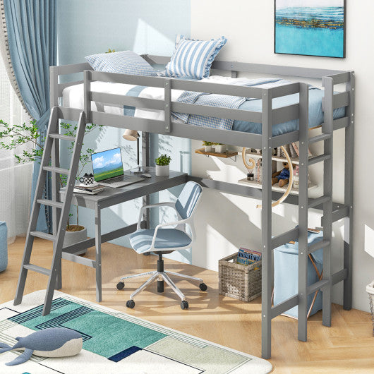 Twin Size Loft Bed Frame with Desk Angled and Built-in Ladder-Gray