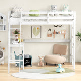 Twin Size Loft Bed Frame with Desk Angled and Built-in Ladder-White