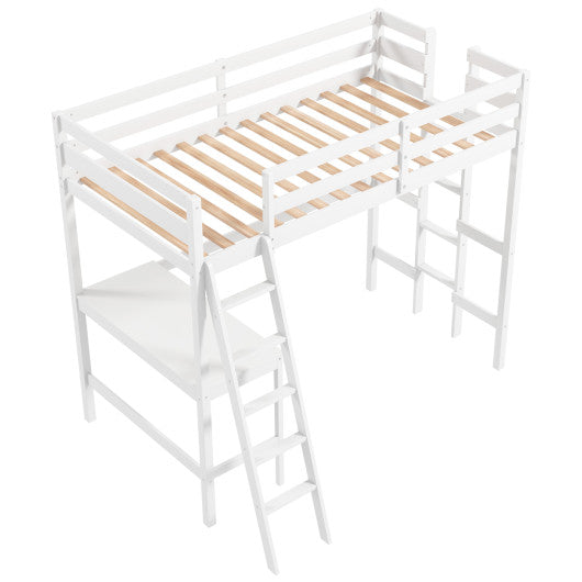 Twin Size Loft Bed Frame with Desk Angled and Built-in Ladder-White