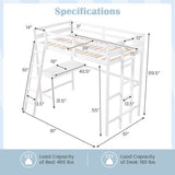 Twin Size Loft Bed Frame with Desk Angled and Built-in Ladder-White