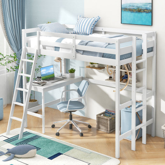 Twin Size Loft Bed Frame with Desk Angled and Built-in Ladder-White