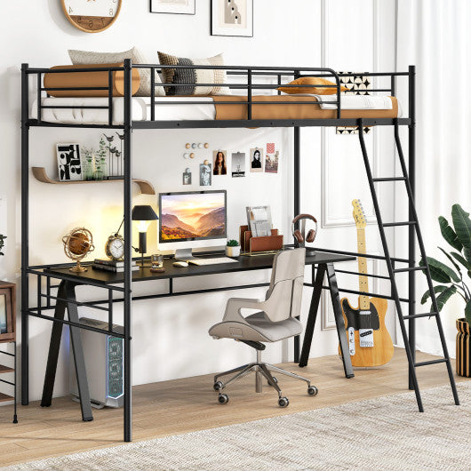 Twin Size Loft Bed Metal Bed Frame with Ladder and Guardrails-Black