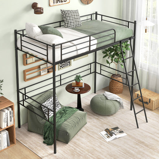 Twin Size Loft Bed Metal Bed Frame with Ladder and Guardrails-Black