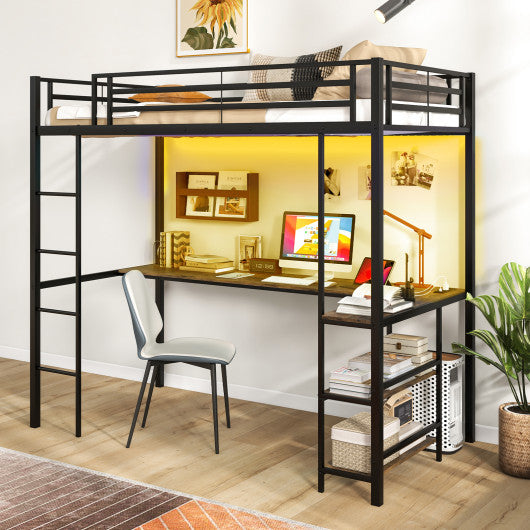 Twin Size Loft Bed Raised Platform Bed with Desk and 2 Storage Shelves-Black