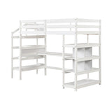 Twin Size Loft Bed with Desk and Storage Stairs Loft Bed Frame with Shelves and Safety Guardrails-White