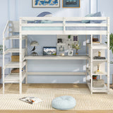 Twin Size Loft Bed with Desk and Storage Stairs Loft Bed Frame with Shelves and Safety Guardrails-White