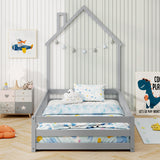 Twin Size Montessori Floor Bed with Lockable Door and Full-Length Guardrail-Gray