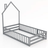 Twin Size Montessori Floor Bed with Lockable Door and Full-Length Guardrail-Gray
