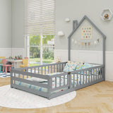 Twin Size Montessori Floor Bed with Lockable Door and Full-Length Guardrail-Gray
