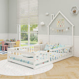 Twin Size Montessori Floor Bed with Lockable Door and Full-Length Guardrail-White