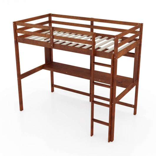 Twin Size Solid Wood Slatted Loft Bed Frame with Safety Guardrail for Kid-Brown