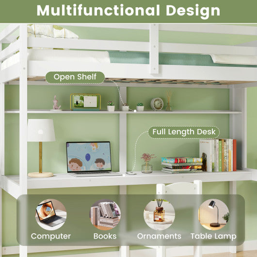 Twin Size Solid Wood Slatted Loft Bed Frame with Safety Guardrail for Kid-White