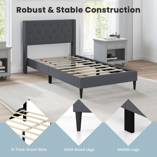 Twin Size Upholstered Platform Bed with Button Tufted Wingback Headboard-Gray