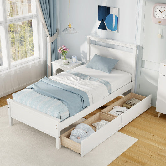 Twin Size Wooden Bed Frame with 2 Drawers for Teens and Adults-White