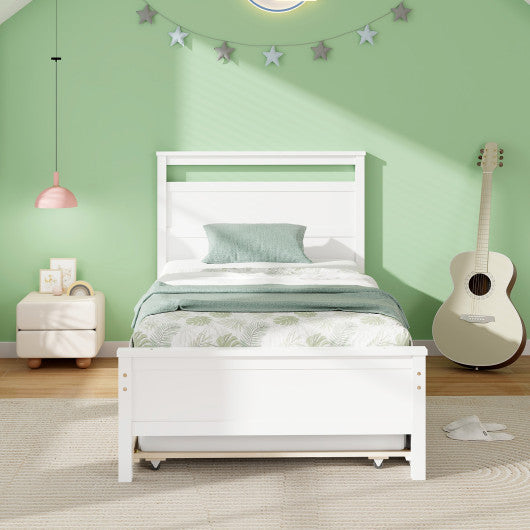 Twin Size Wooden Bed Frame with Trundle for Teens and Adults-White