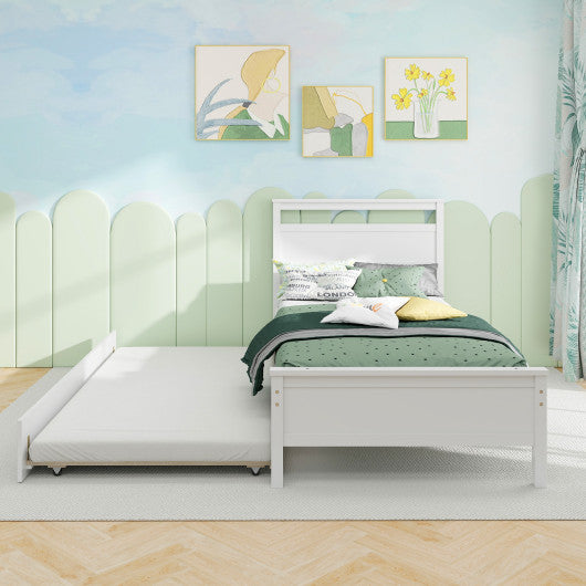 Twin Size Wooden Bed Frame with Trundle for Teens and Adults-White