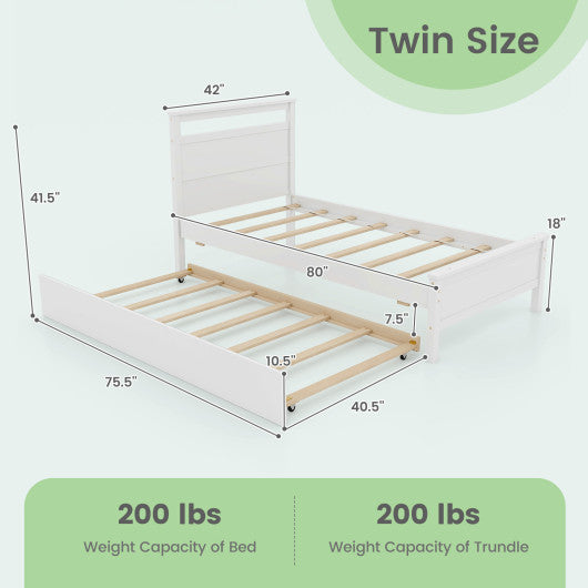 Twin Size Wooden Bed Frame with Trundle for Teens and Adults-White