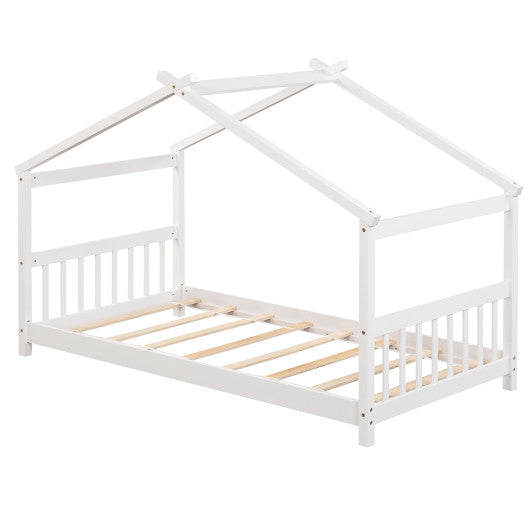 Twin Size Wooden House Bed with Roof-White
